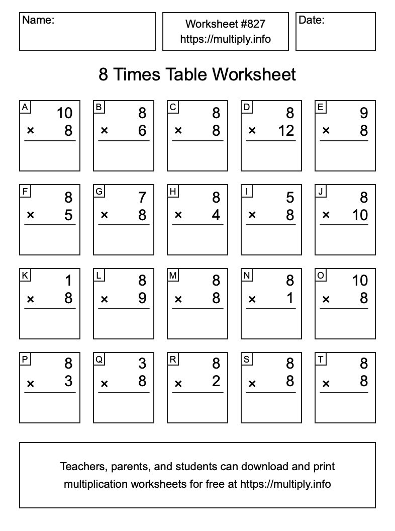 8 Times Table Worksheet #827