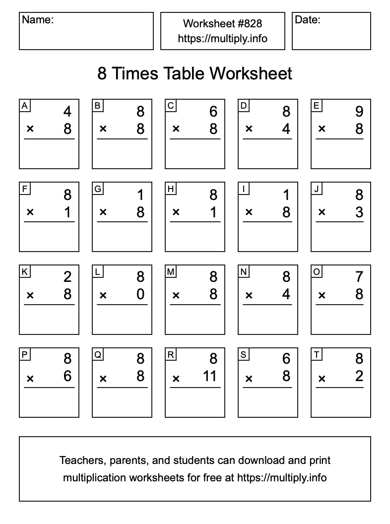 8 Times Table Worksheet #828