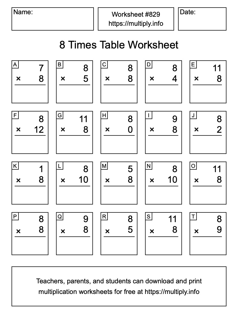 8 Times Table Worksheet #829
