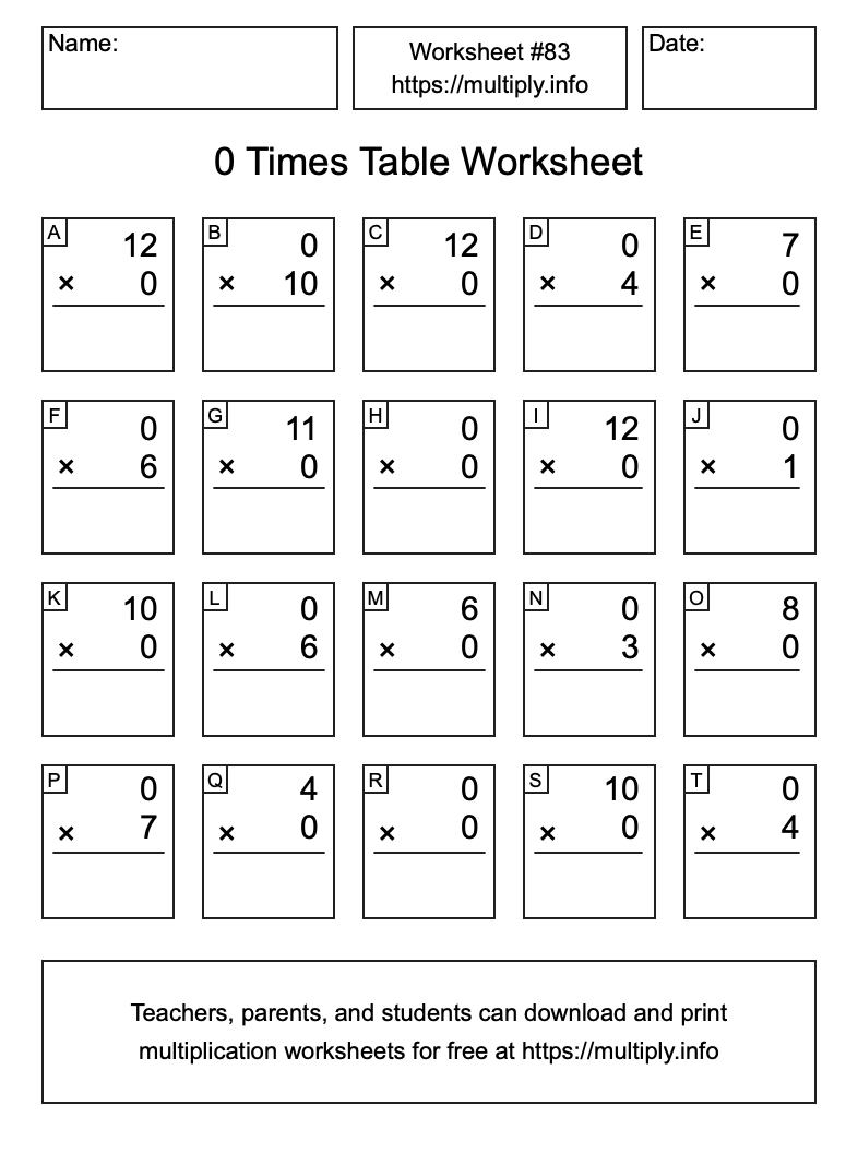 0 Times Table Worksheet #83
