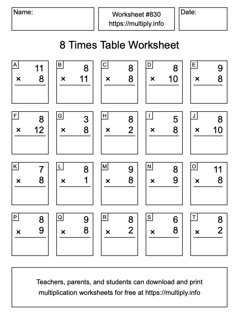 8 Times Table Worksheet #830