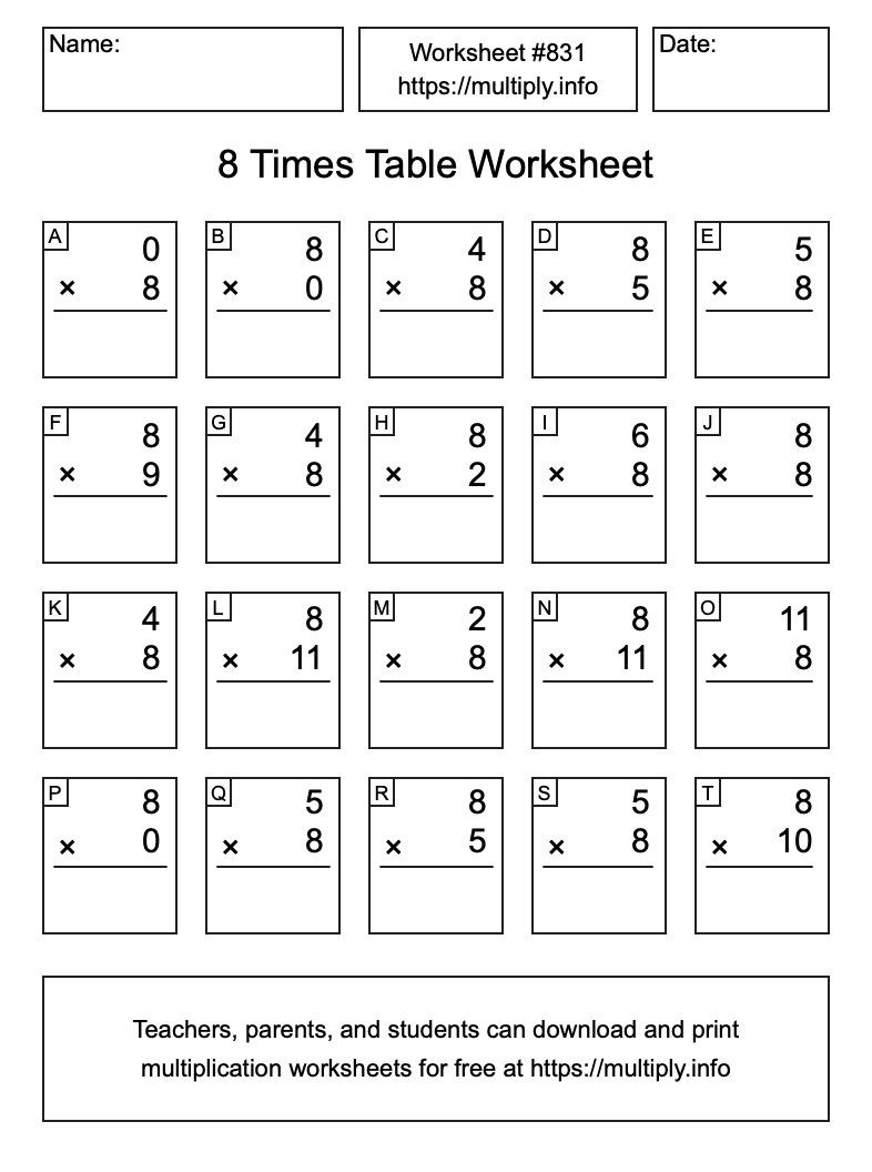 8 Times Table Worksheet #831