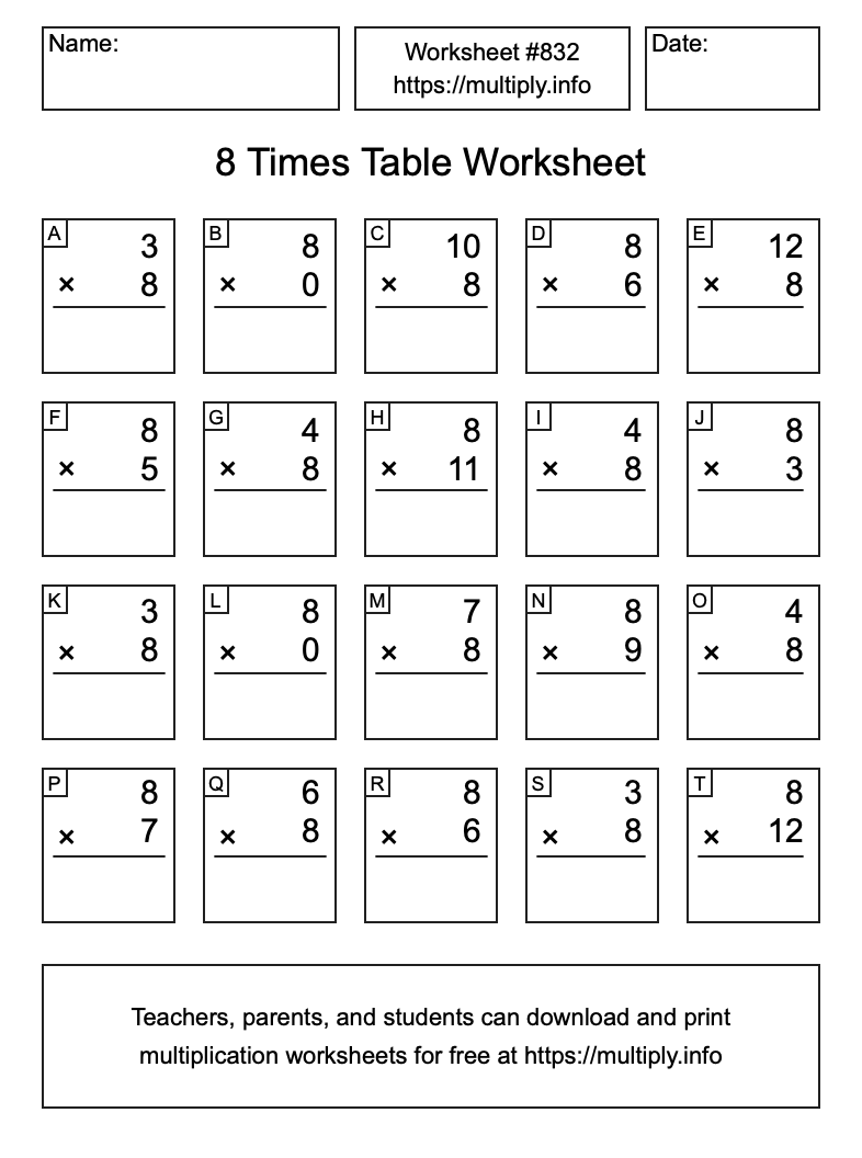 8 Times Table Worksheet #832