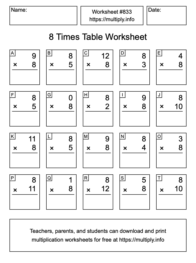 8 Times Table Worksheet #833