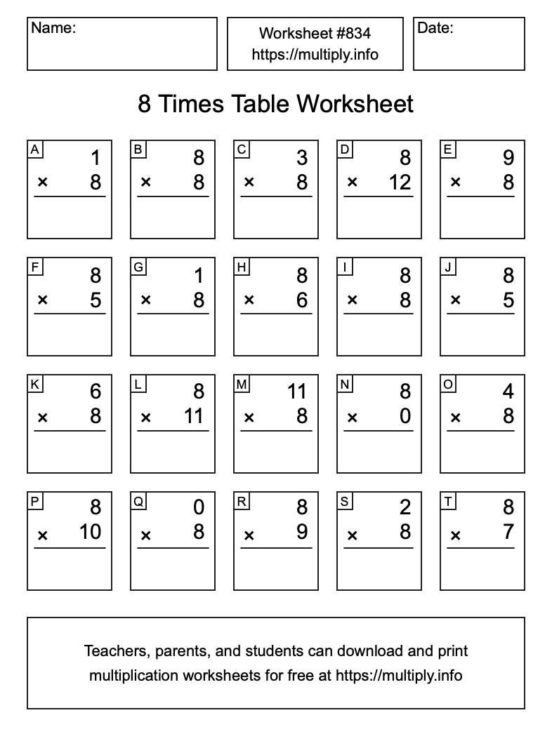 8 Times Table Worksheet #834