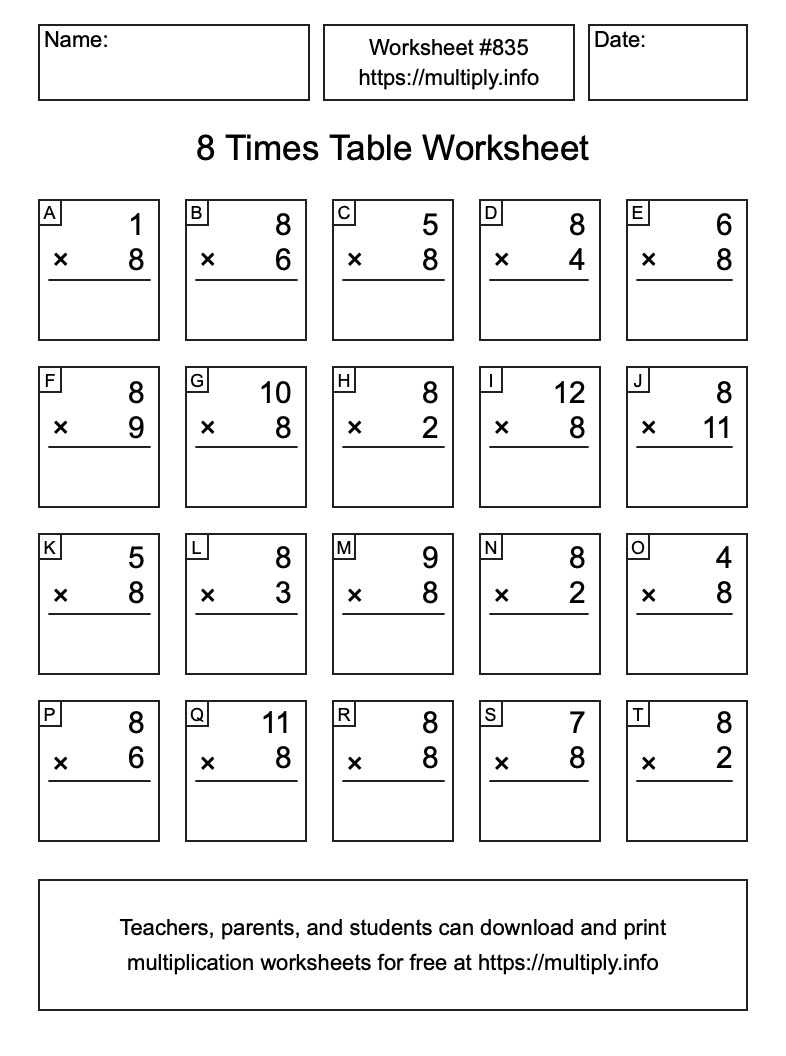8 Times Table Worksheet #835