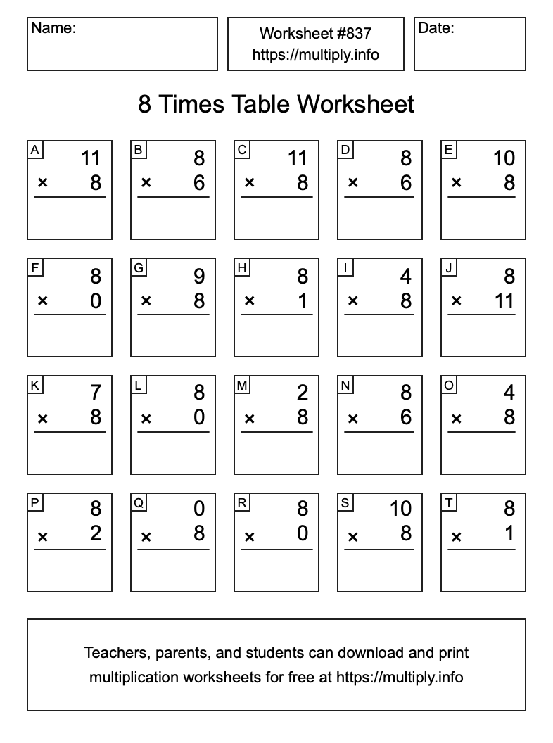 8 Times Table Worksheet #837