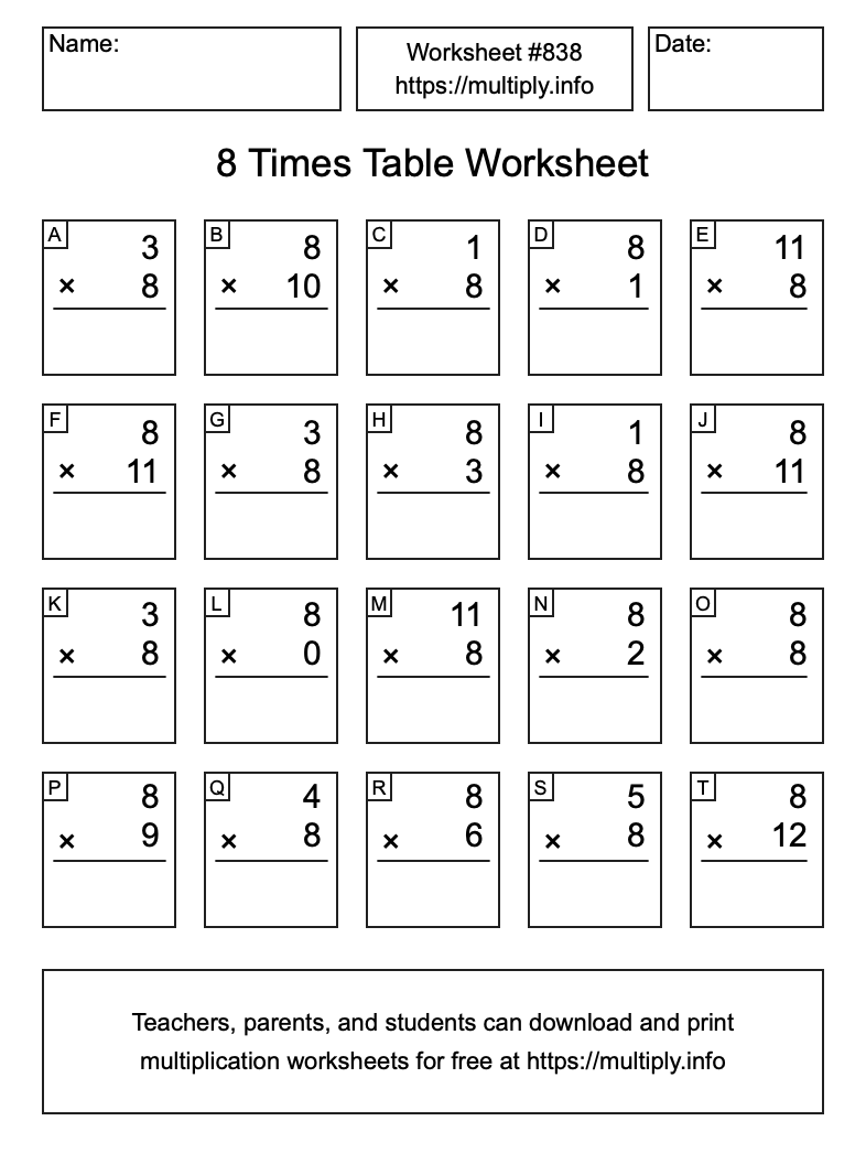 8 Times Table Worksheet #838