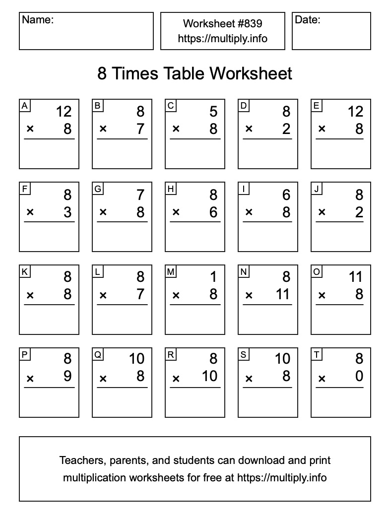8 Times Table Worksheet #839