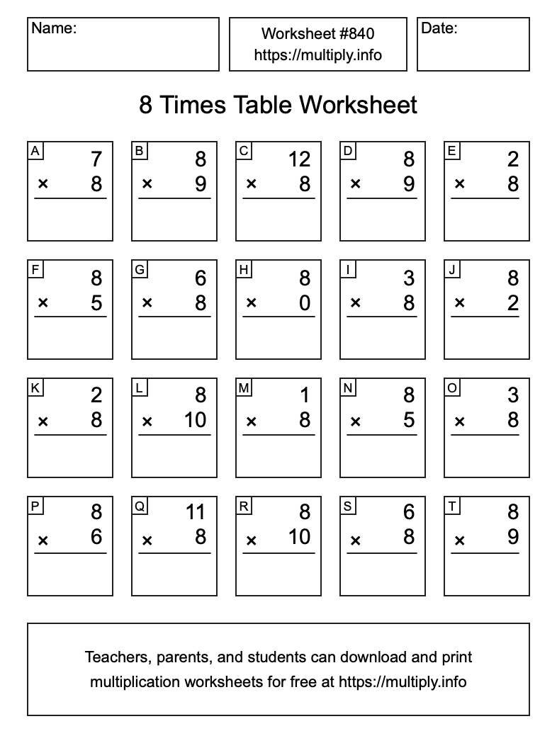 8 Times Table Worksheet #840