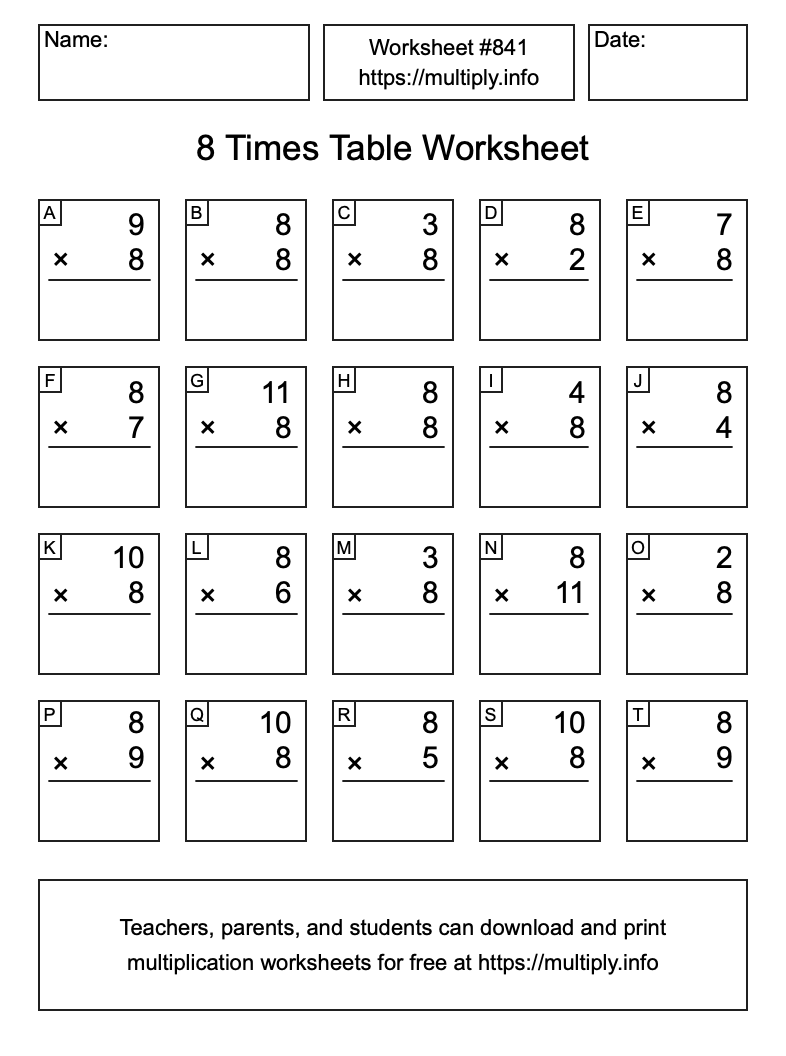 8 Times Table Worksheet #841