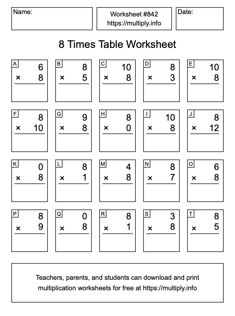 8 Times Table Worksheet #842