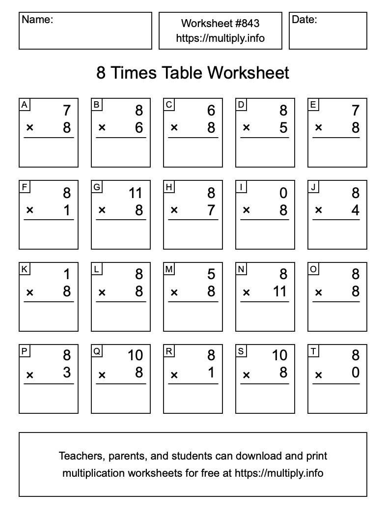 8 Times Table Worksheet #843