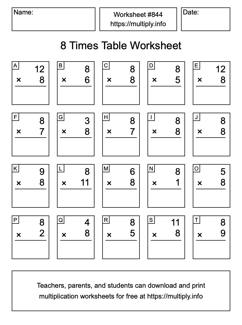 8 Times Table Worksheet #844