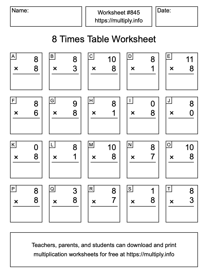 8 Times Table Worksheet #845
