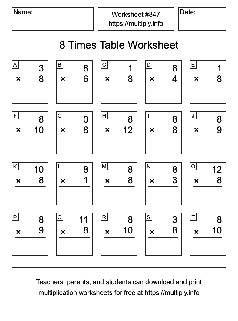 8 Times Table Worksheet #847