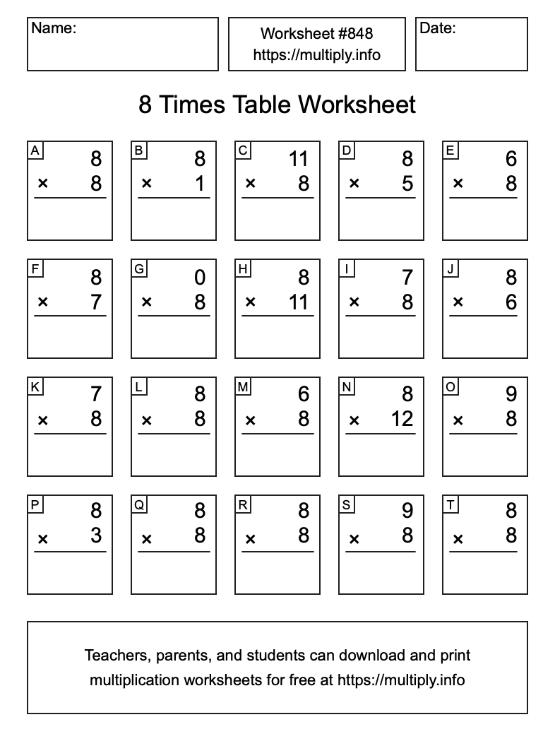 8 Times Table Worksheet #848