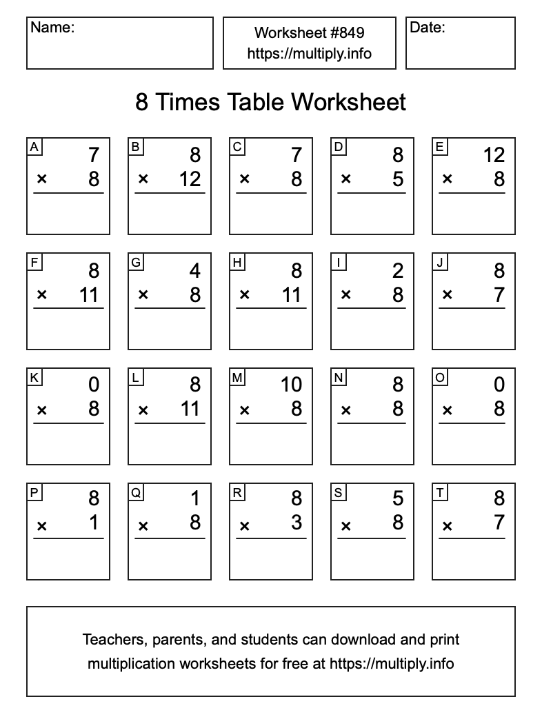 8 Times Table Worksheet #849