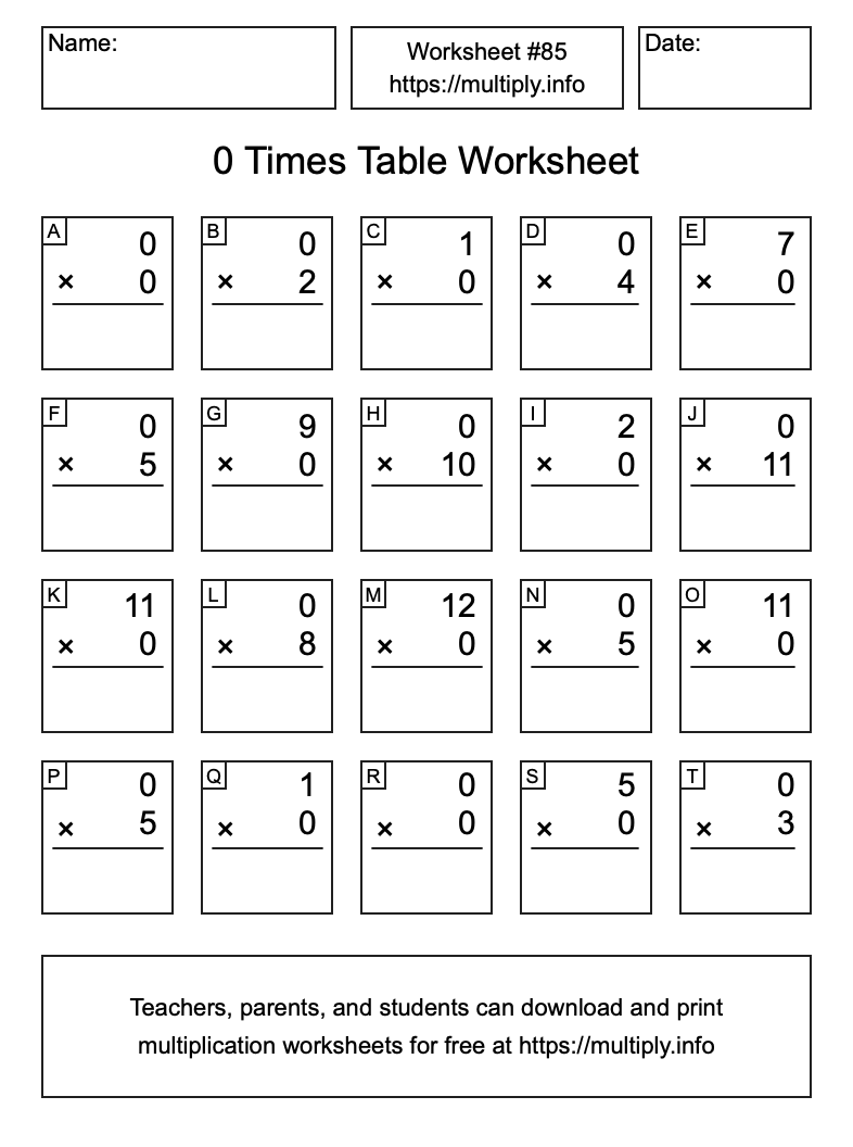 0 Times Table Worksheet #85