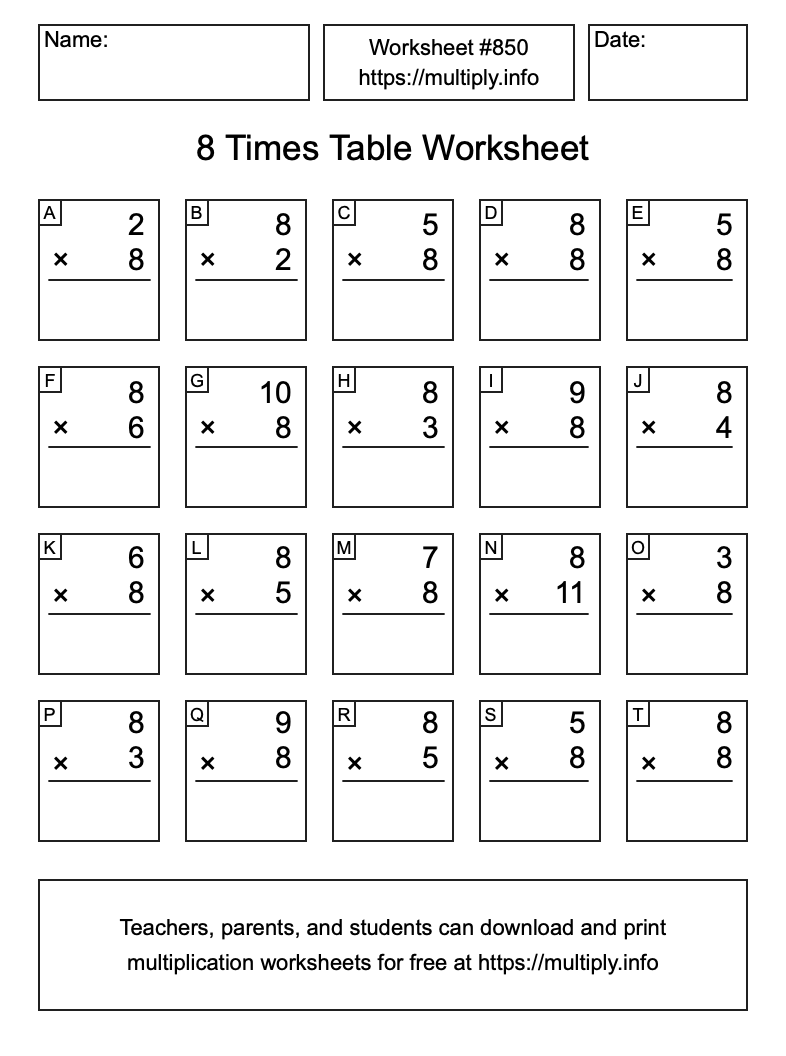 8 Times Table Worksheet #850