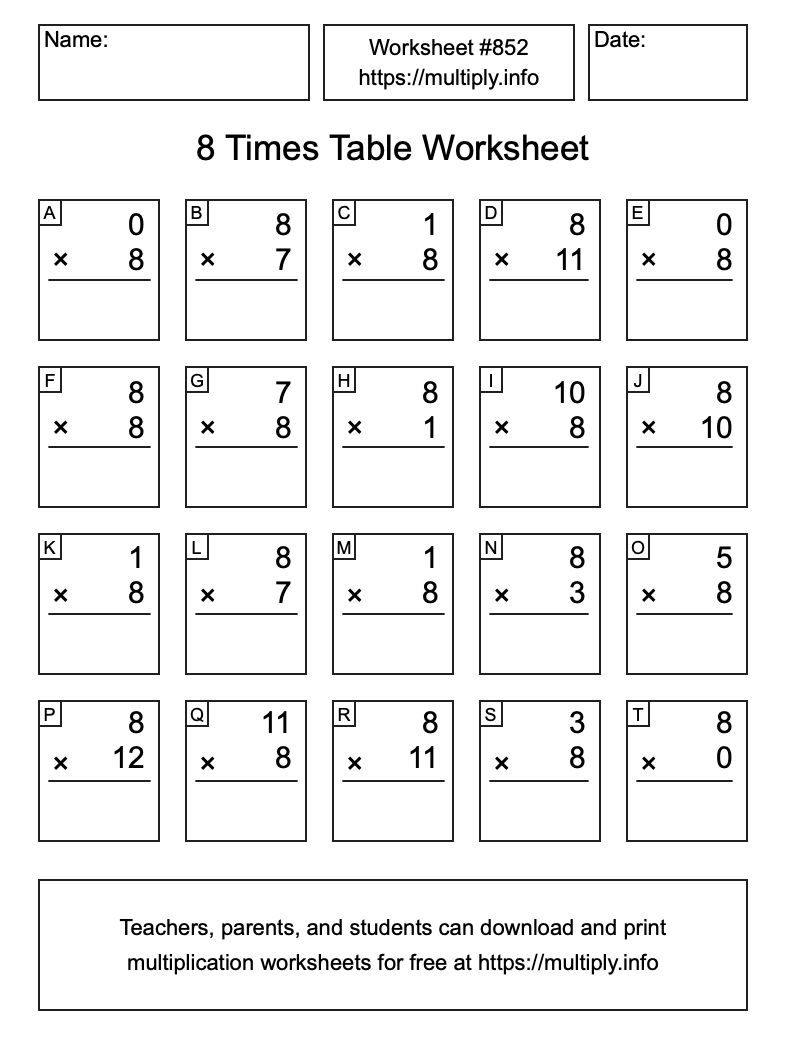 8 Times Table Worksheet #852