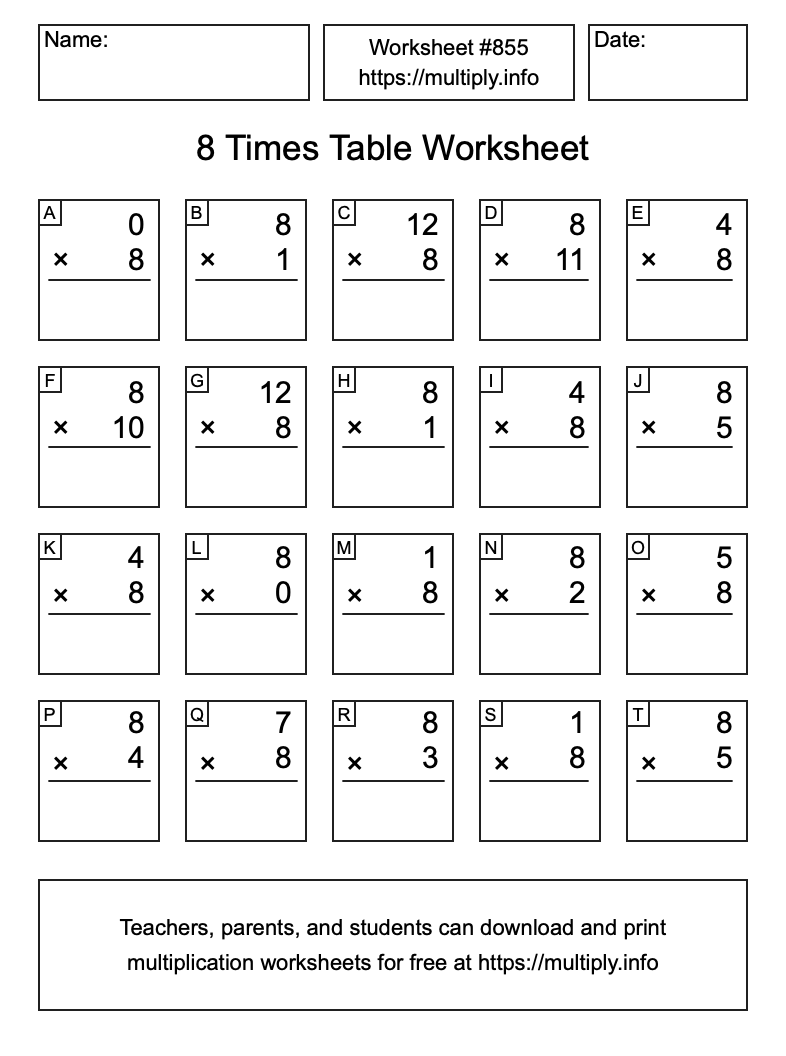 8 Times Table Worksheet #855