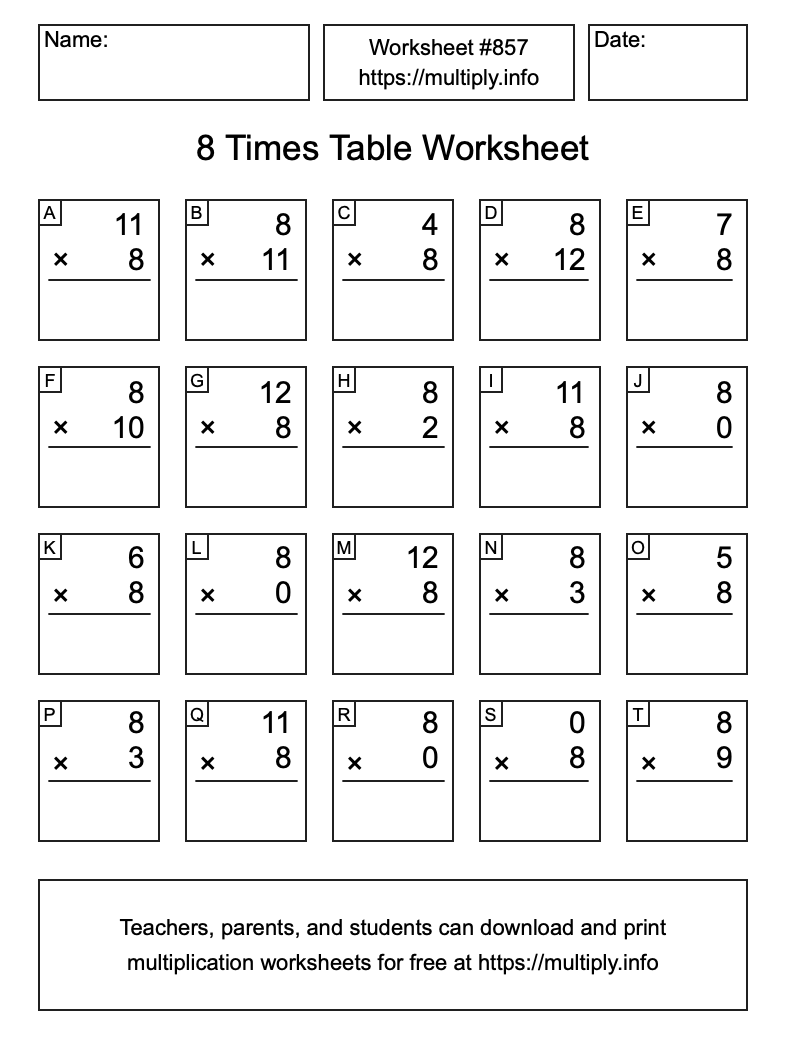 8 Times Table Worksheet #857
