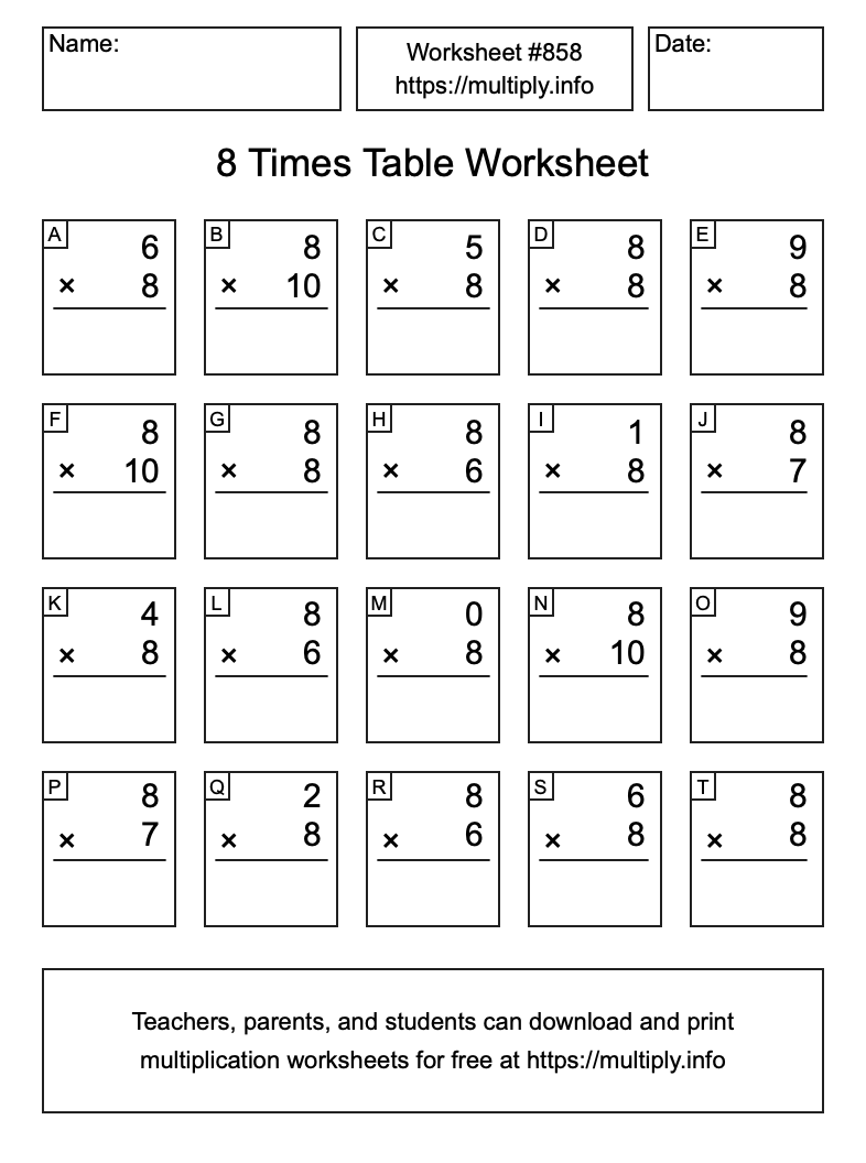 8 Times Table Worksheet #858