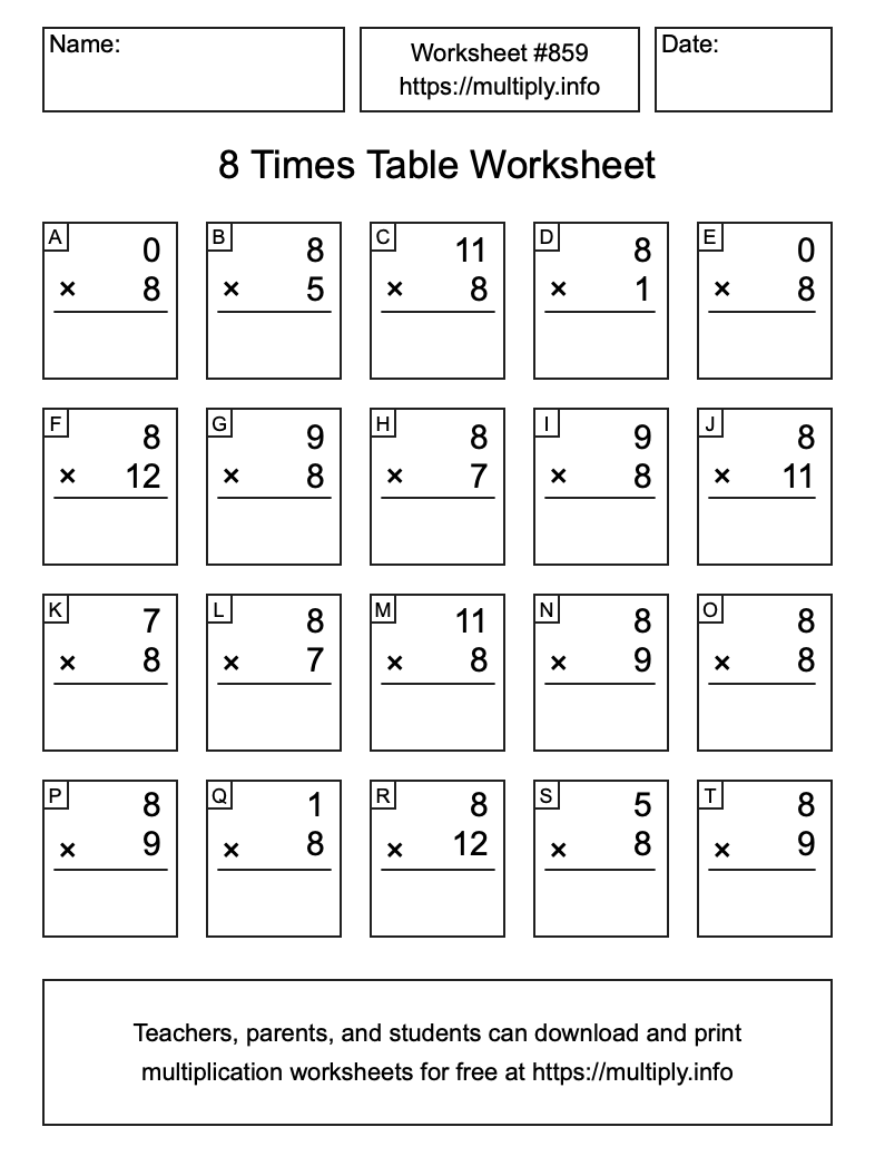 8 Times Table Worksheet #859