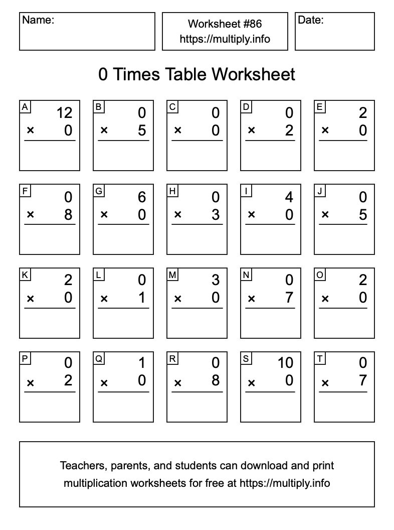 0 Times Table Worksheet #86
