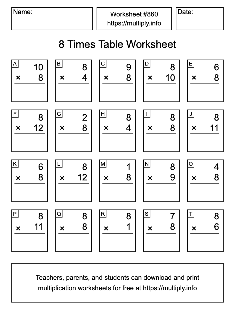 8 Times Table Worksheet #860