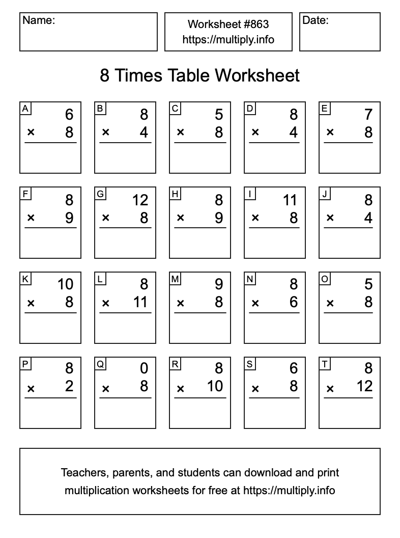 8 Times Table Worksheet #863