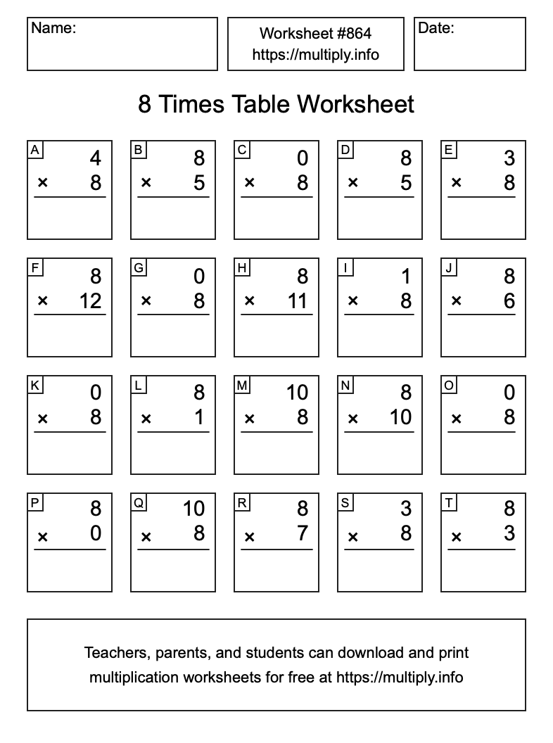 8 Times Table Worksheet #864