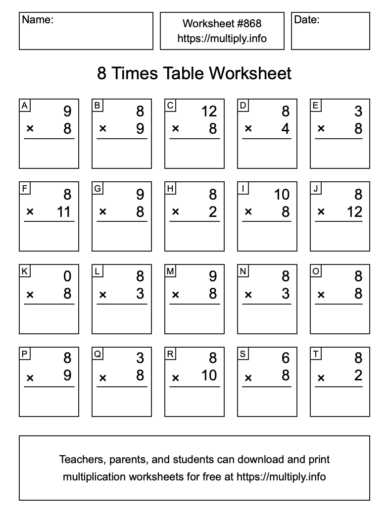 8 Times Table Worksheet #868