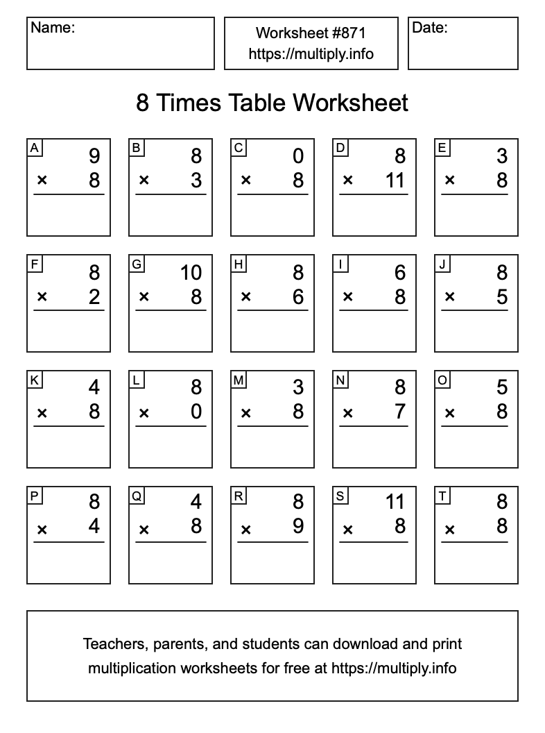 8 Times Table Worksheet #871