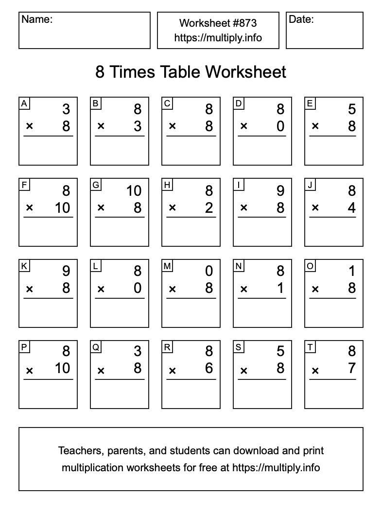 8 Times Table Worksheet #873