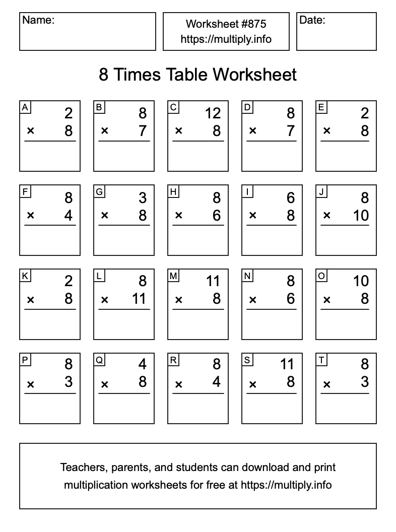 8 Times Table Worksheet #875