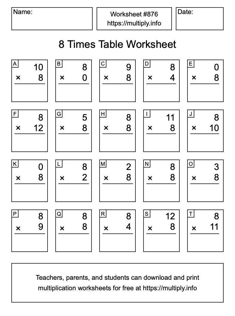 8 Times Table Worksheet #876