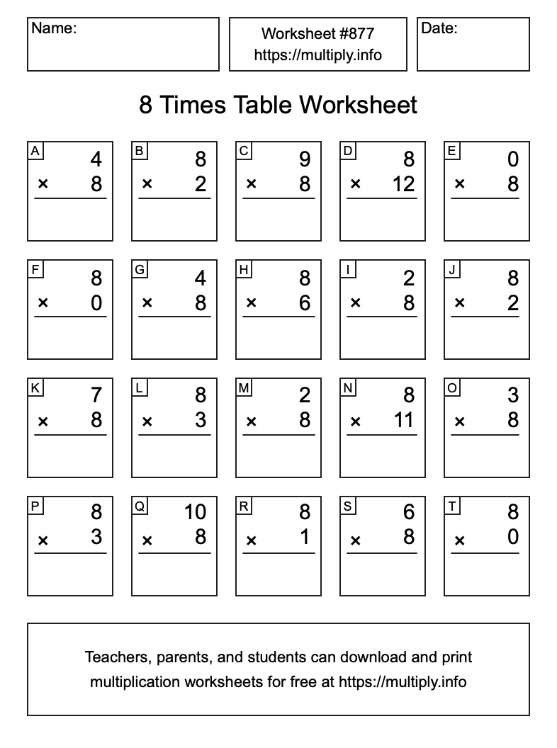 8 Times Table Worksheet #877