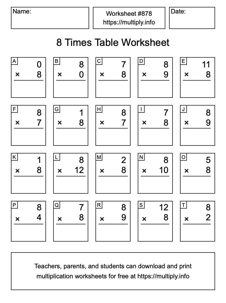 8 Times Table Worksheet #878
