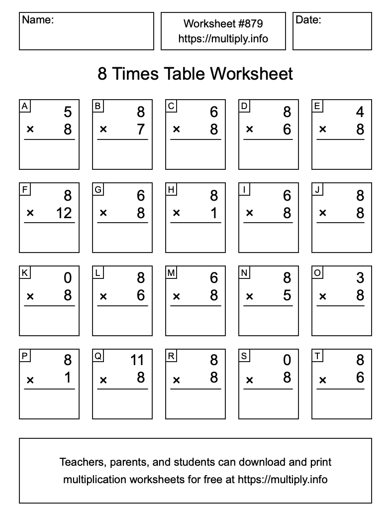 8 Times Table Worksheet #879