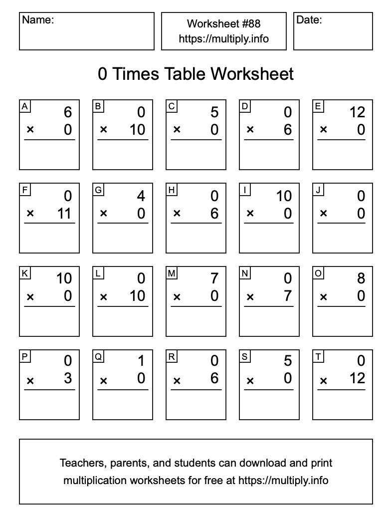0 Times Table Worksheet #88
