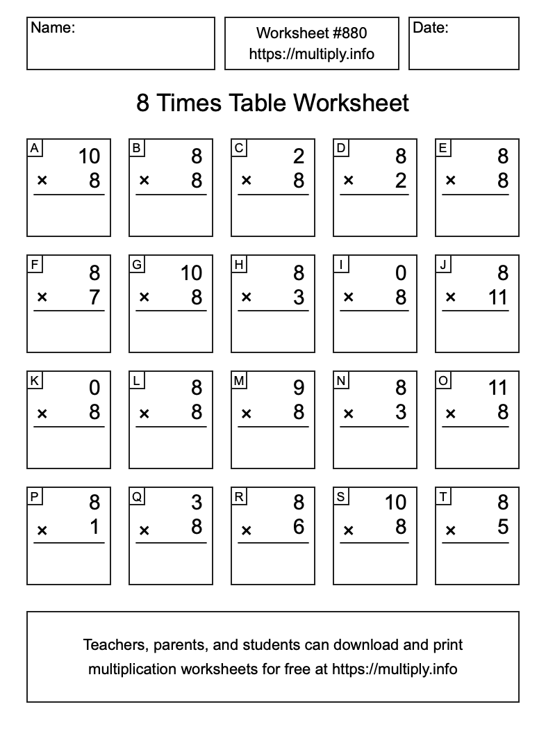 8 Times Table Worksheet #880