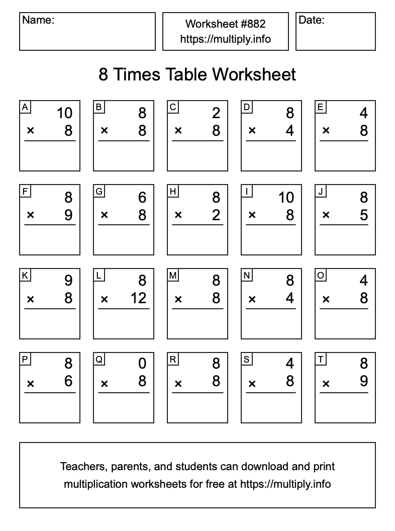 8 Times Table Worksheet #882