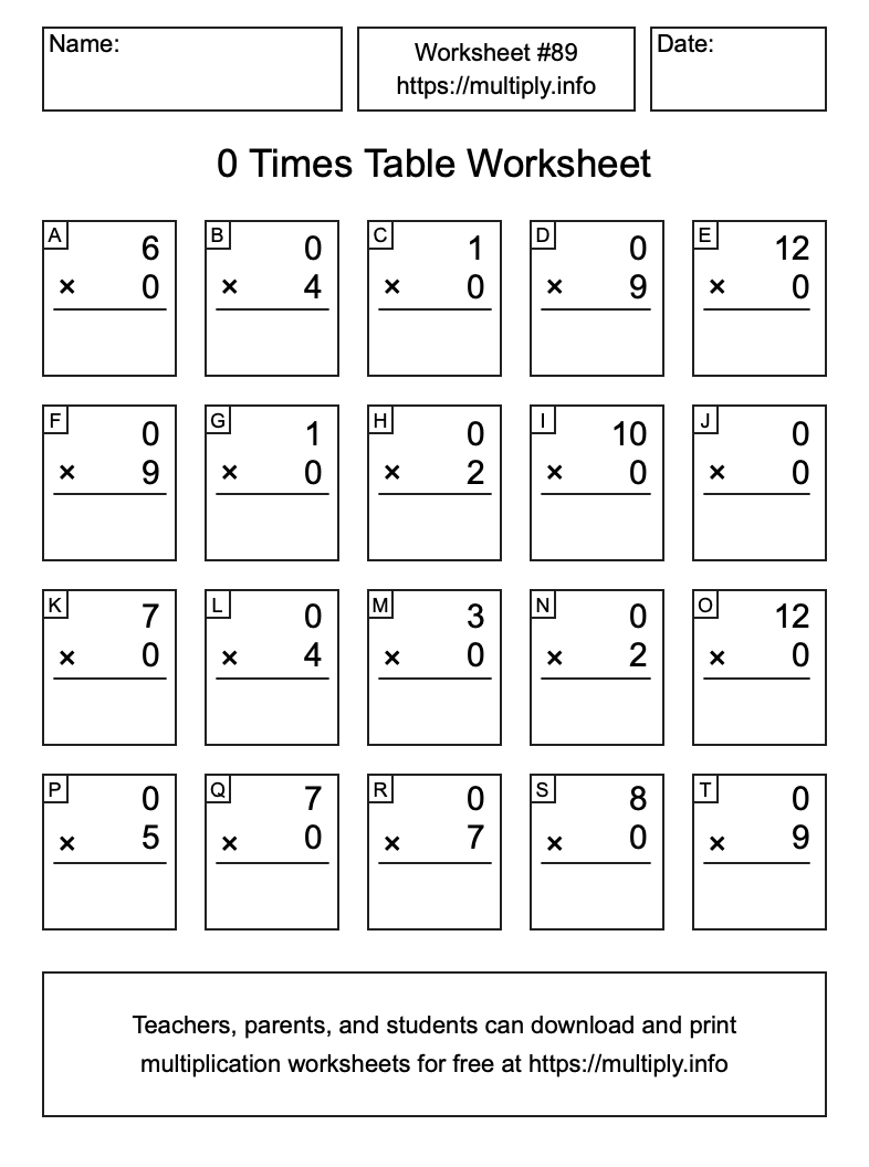 0 Times Table Worksheet #89