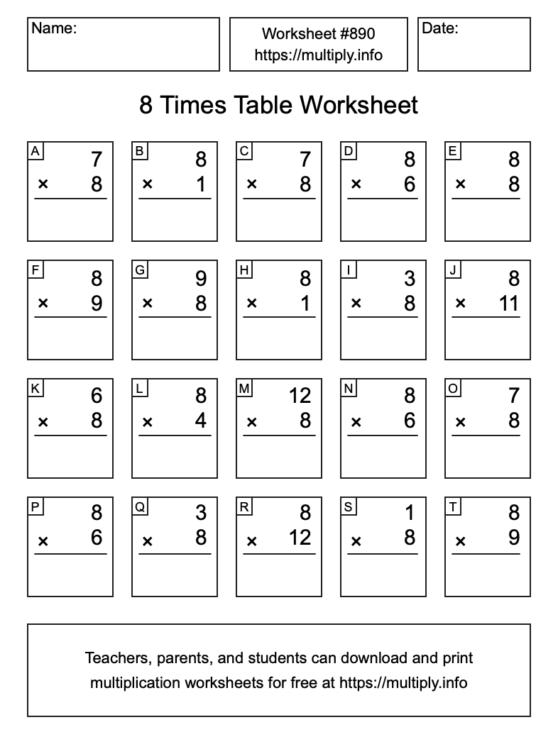 8 Times Table Worksheet #890