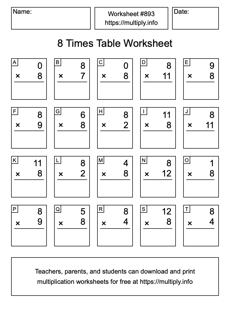 8 Times Table Worksheet #893