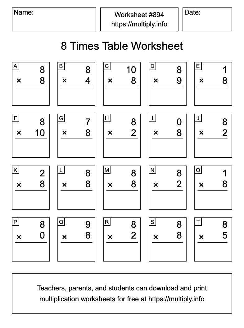 8 Times Table Worksheet #894