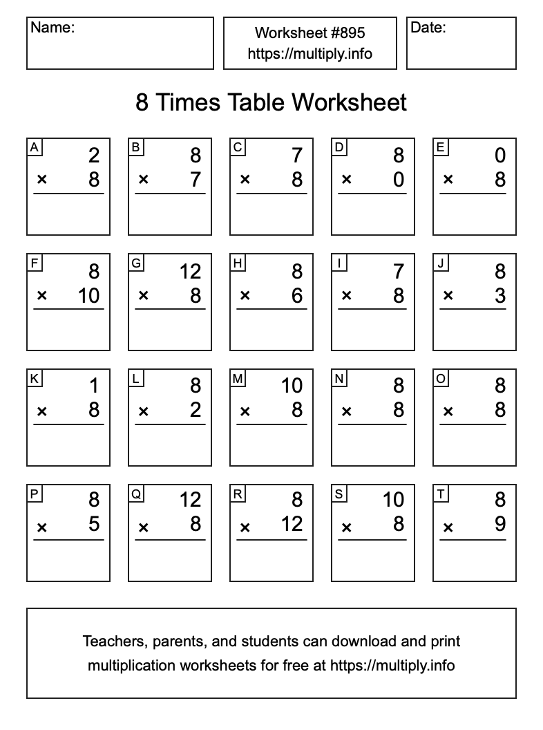 8 Times Table Worksheet #895