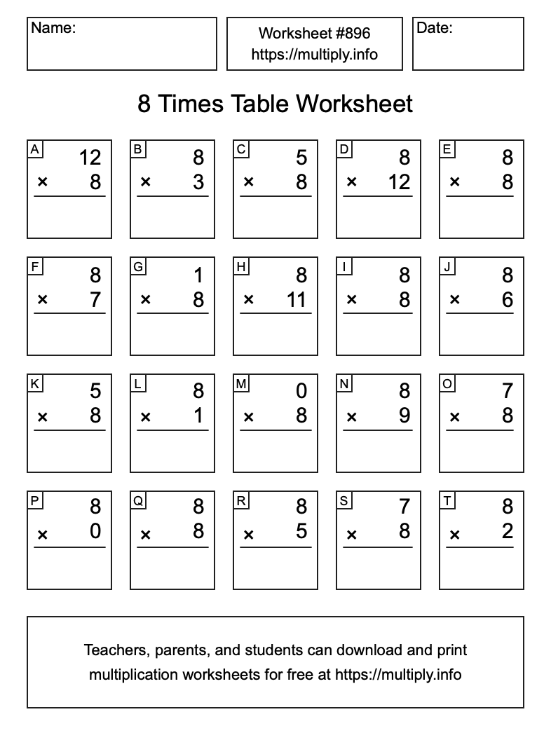 8 Times Table Worksheet #896
